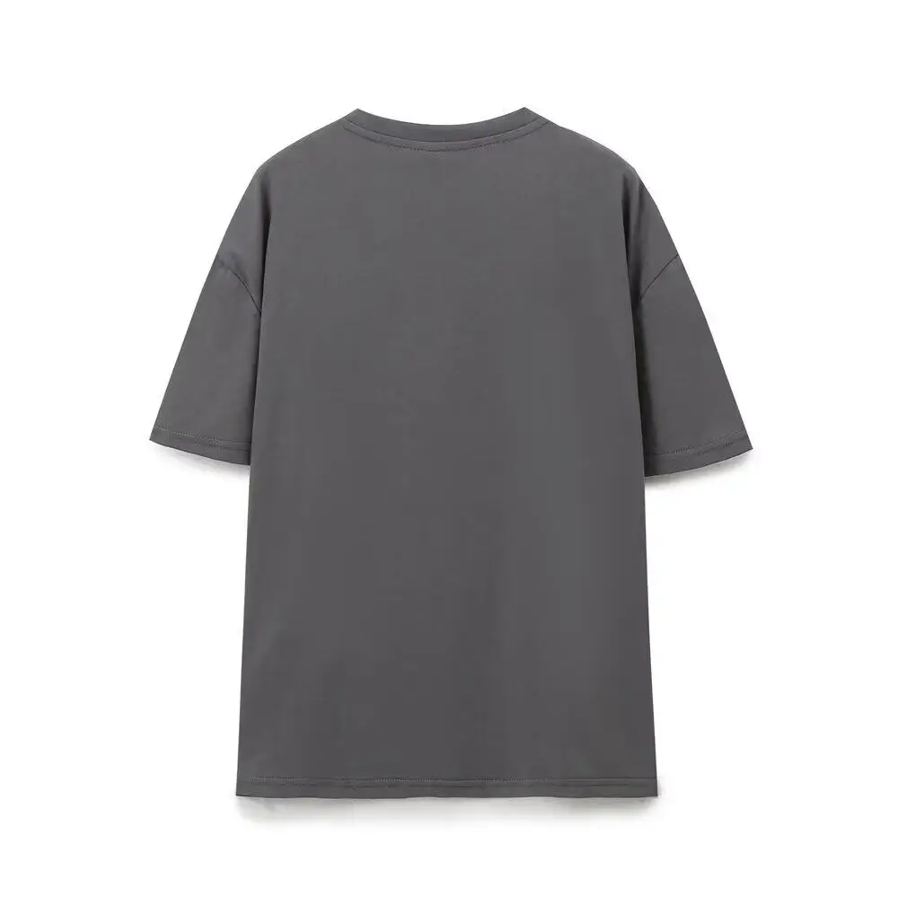 European American Style Gray O-neck T-shirt for Women 2026 Summer New Cartoon Character Pullover Casual Loose Versatile Tops
