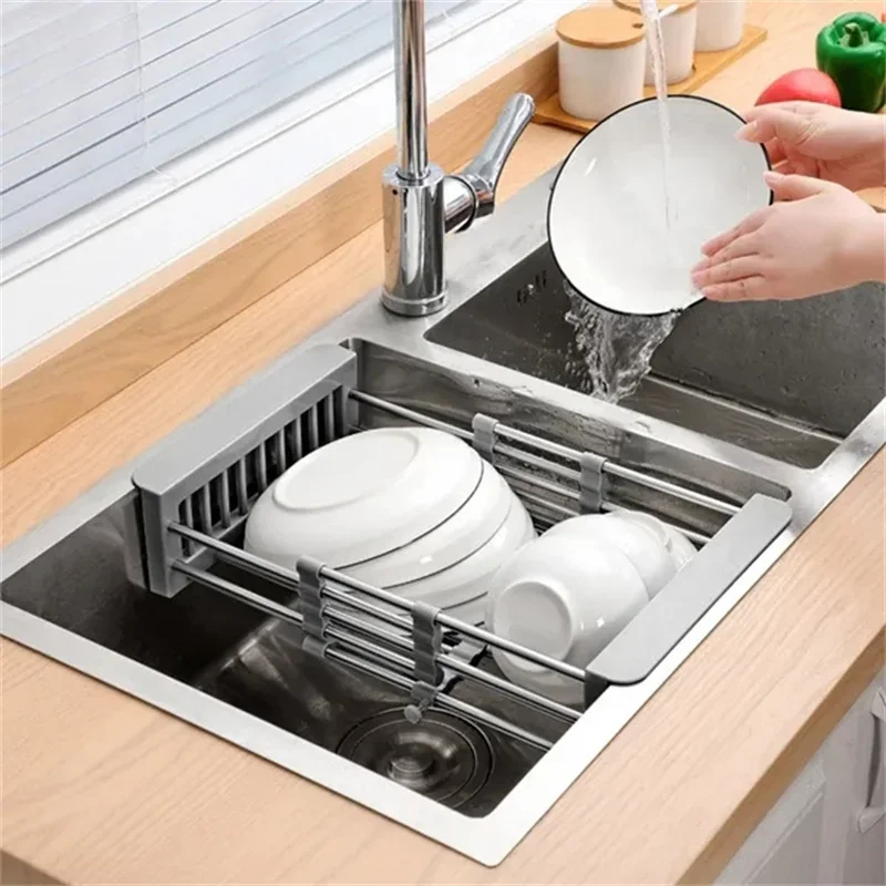 Adjustable Kitchen Stainless Steel Sink Rack Telescopic Sink Dish Rack Sink Holder Organizer Fruit Vegetable Washing Drainer