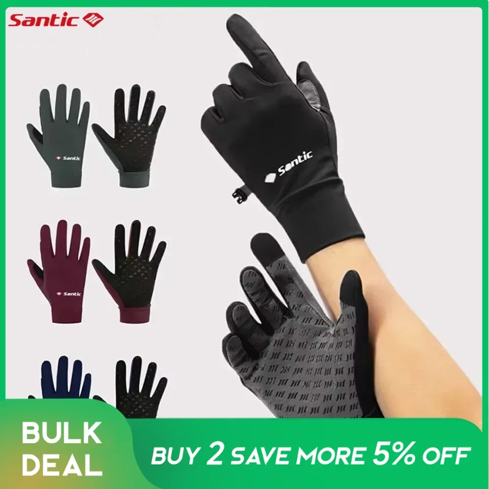 Santic Men's Cycling Gloves MTB Bike Warm Plus Fleece Cold-proof Touch Screen Road Bike Full Finger Winter Gloves Asian Size