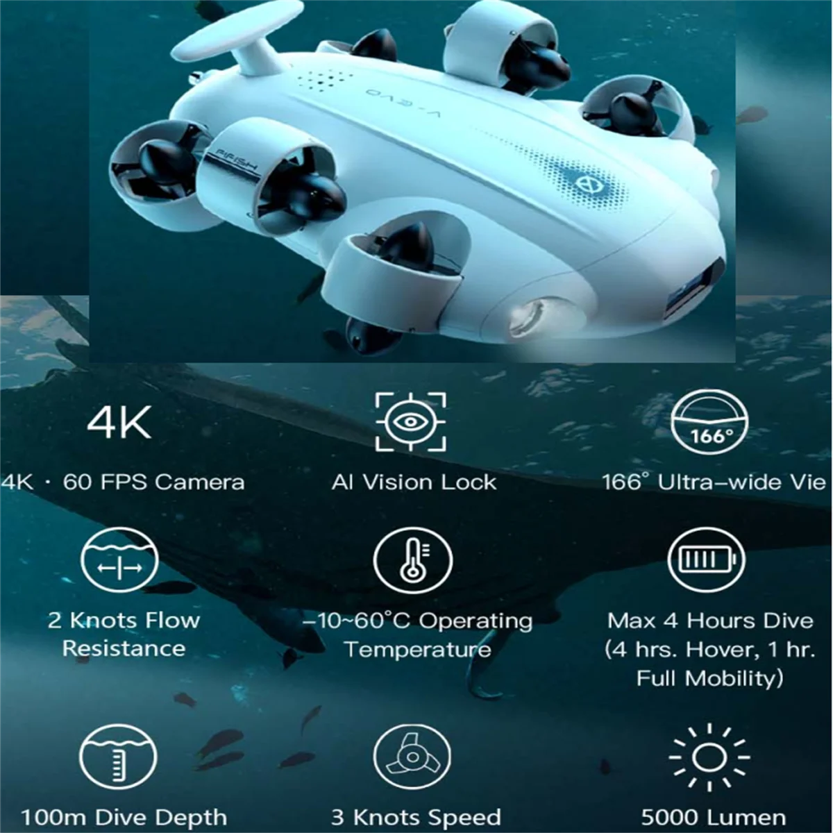 Подводный Дрон FIFISH V-EVO 4K с роботизированной рукояткой, блокировка зрения AI, вращение на 360 °, всенаправленное движение, подводное погружение на 100 м