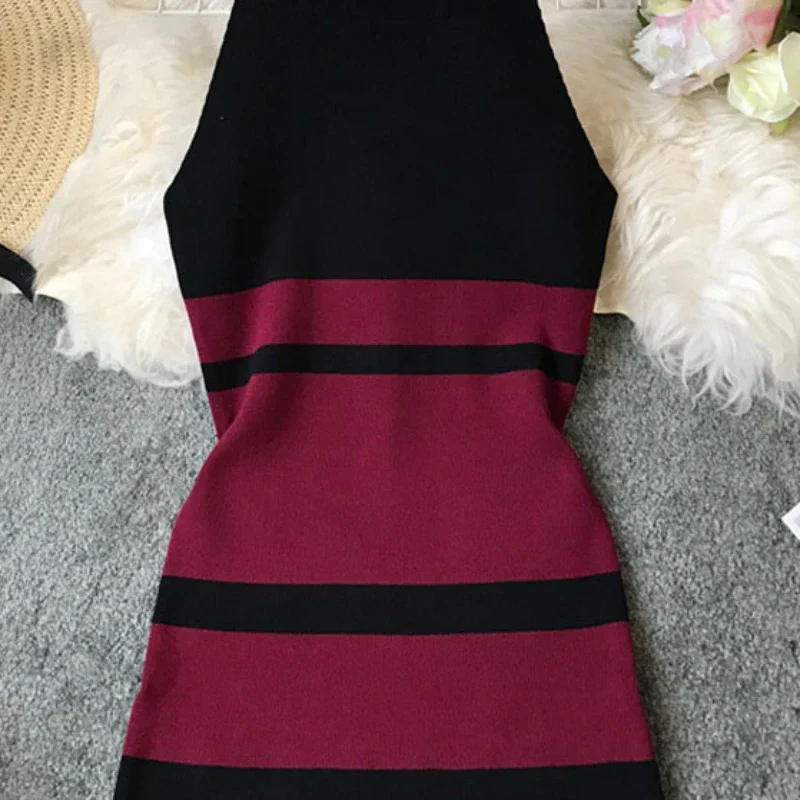 2024 summer women\'s hanging neck knit long dress round neck stripes hit color waist slim slim ming knit long dress office lady