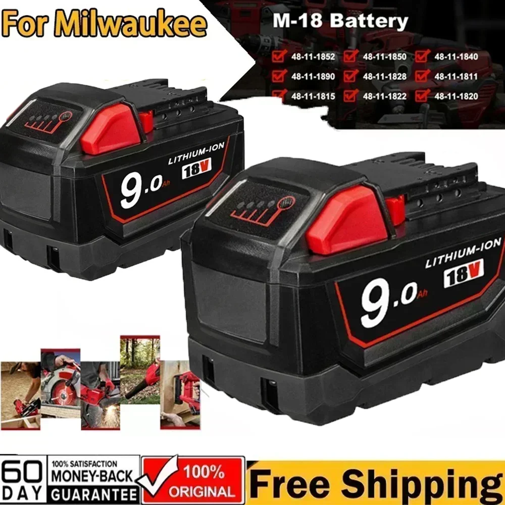 

For Milwaukee M18 Power Tool Battery, Charger, BR, XC, 18V, 6000mAh 12mAh M18B5, 48-11-1860, Built-in 18650 Rechargeable Battery