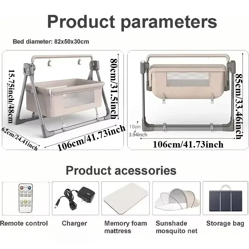 Electric Baby Swing Bed Foldable Portable Rocking Cradle with Timing Music Automatic RC Rocking Recliner Crib Basket for Infant