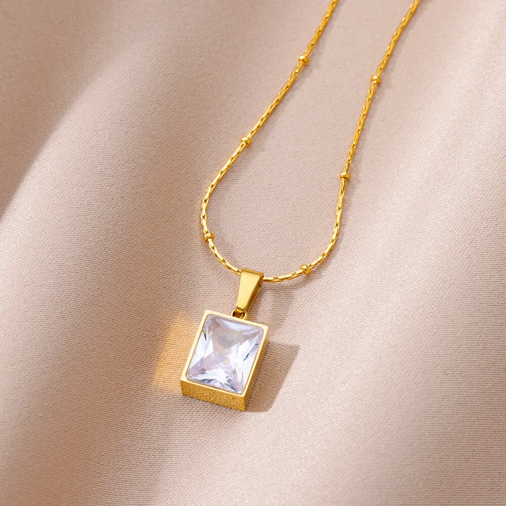 Square Zircon Necklaces For Women Gold Color Stainless Steel Necklace Pendant Jewelry Female Neck Chain Girlfriend Birthday Gift