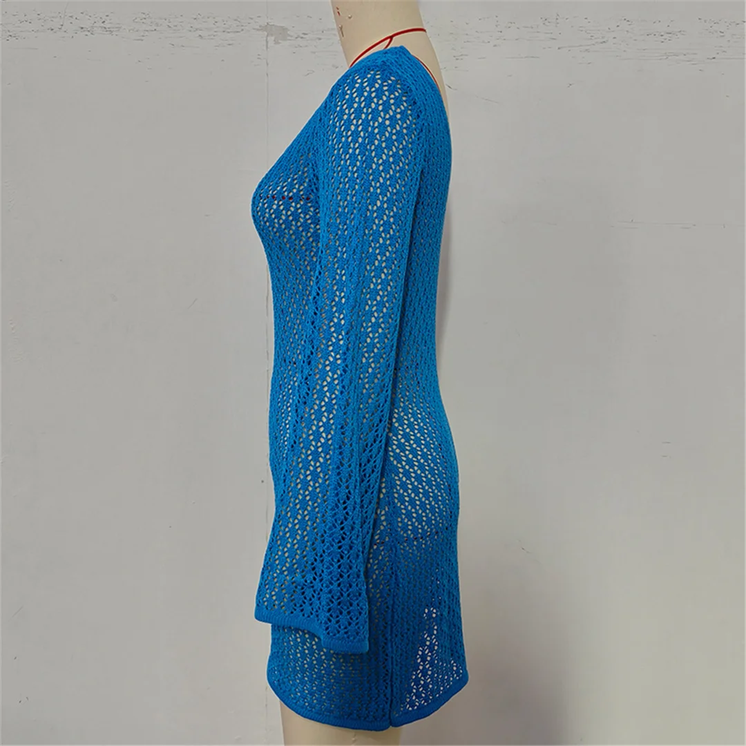 V-Ausschnitt, lange Ärmel, mit Ausschnitten versehene, gehäkelte Tunika, Strandkleid, Strandmode, Damen V7643 – Detail 30
