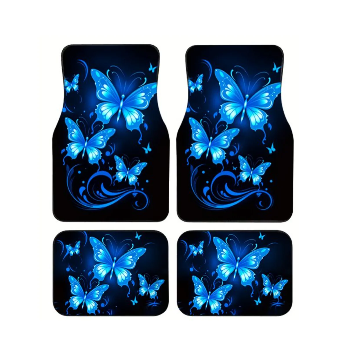 

4Pcs Neon Blue Butterfly Print Car Floor Mats Universal Waterproof Non Slip Auto Foot Carpets Interior Accessories For SUV Truck