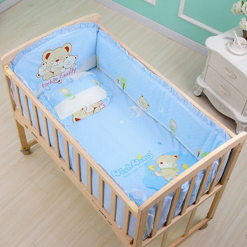 6pcs Cartoon Baby Bed Bumpers For Newborns Crib Protector Cotton Baby Boy Girl Baby Cot Bedding Set  (4Bumpers+Matress+Pillow)