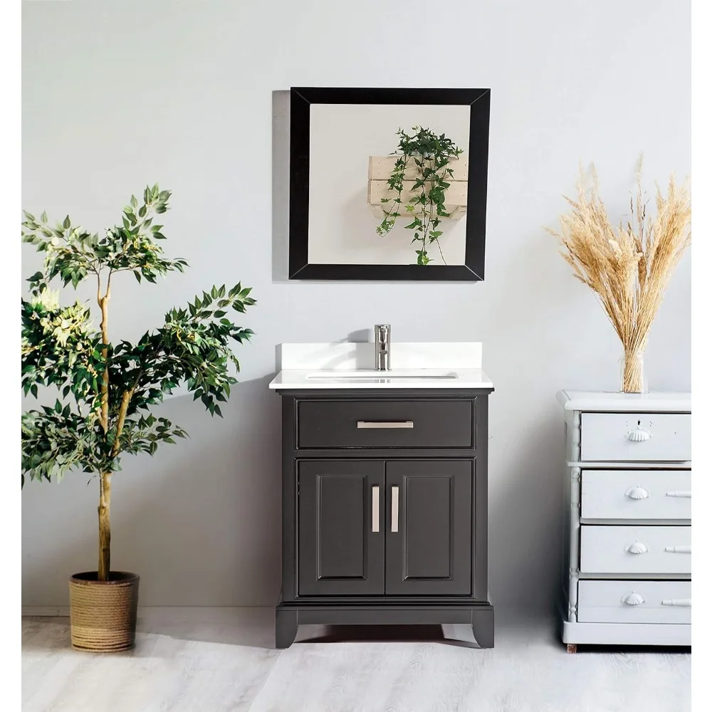 30Inch Bathroom Vanity with Sink and Mirror,Marble Stone top Bathroom Organizer Cabinet with Dovetailed Drawer,Soft Closing Door