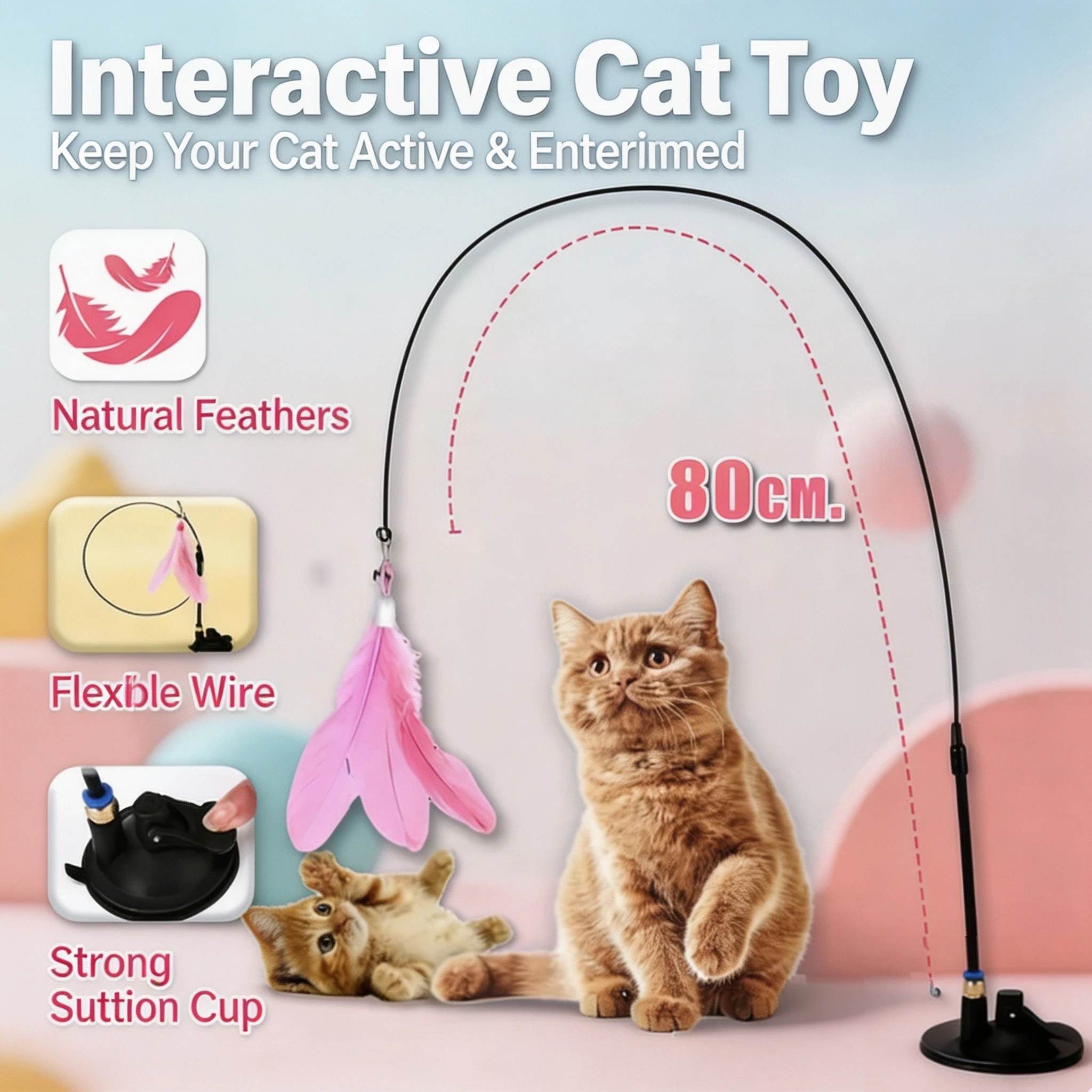 Long Pole Cat Teaser Toy with Steel Wire Feather and Sucker Cute Rotating Kitten Stick for Pet Self-pleasure Relief Pet Toy