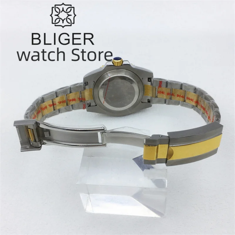 BLIGER 40mm NH34 GMT Caja giratoria dorada de dos tonos para hombre Pulsera de acero inoxidable Bisel de cerámica de cristal de zafiro Esfera luminosa blanca