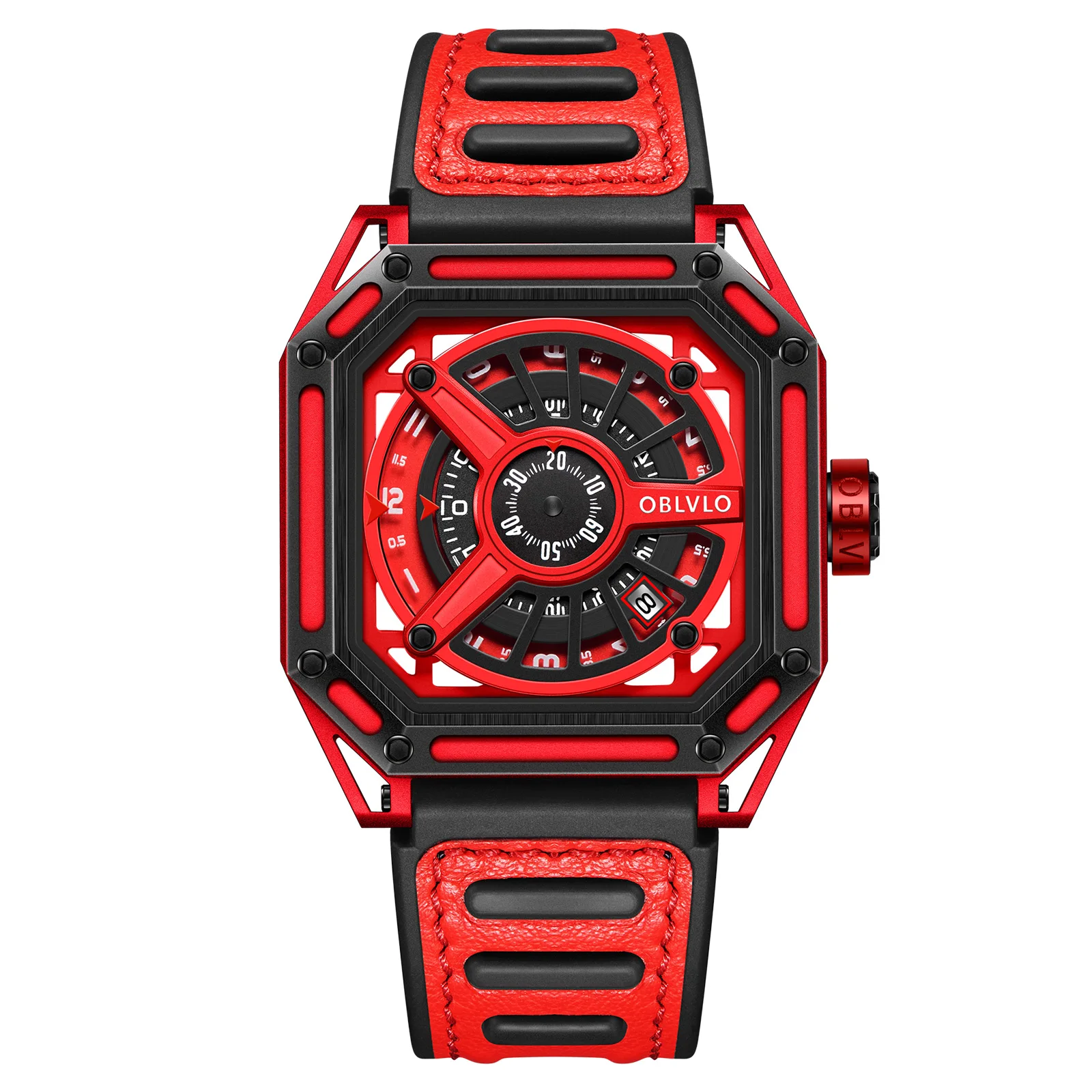 

OBLVLO Men Automatic Watch 44MM Square Mechanical Wristwatch Luminous 50M Waterproof Sapphire Skeleton Concept Dial