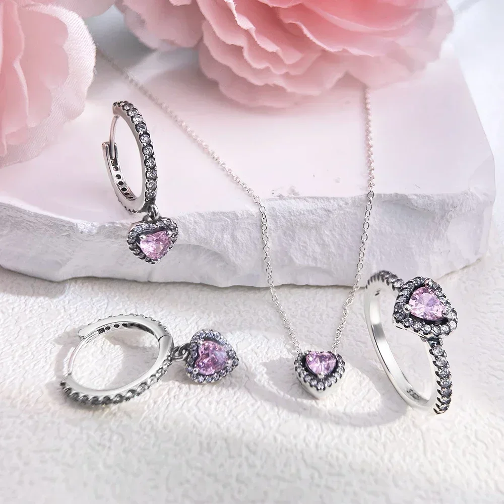 925 sterling silver pink white shiny love diamond jewelry set series pendant ring necklace earrings high jewelry gift