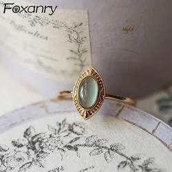 Foxanry Gold Color Ellipse Green Zircon Rings For Women Girls Vintage Exquisite Trendy Elegant Simple Anniversary Jewelry Gifts