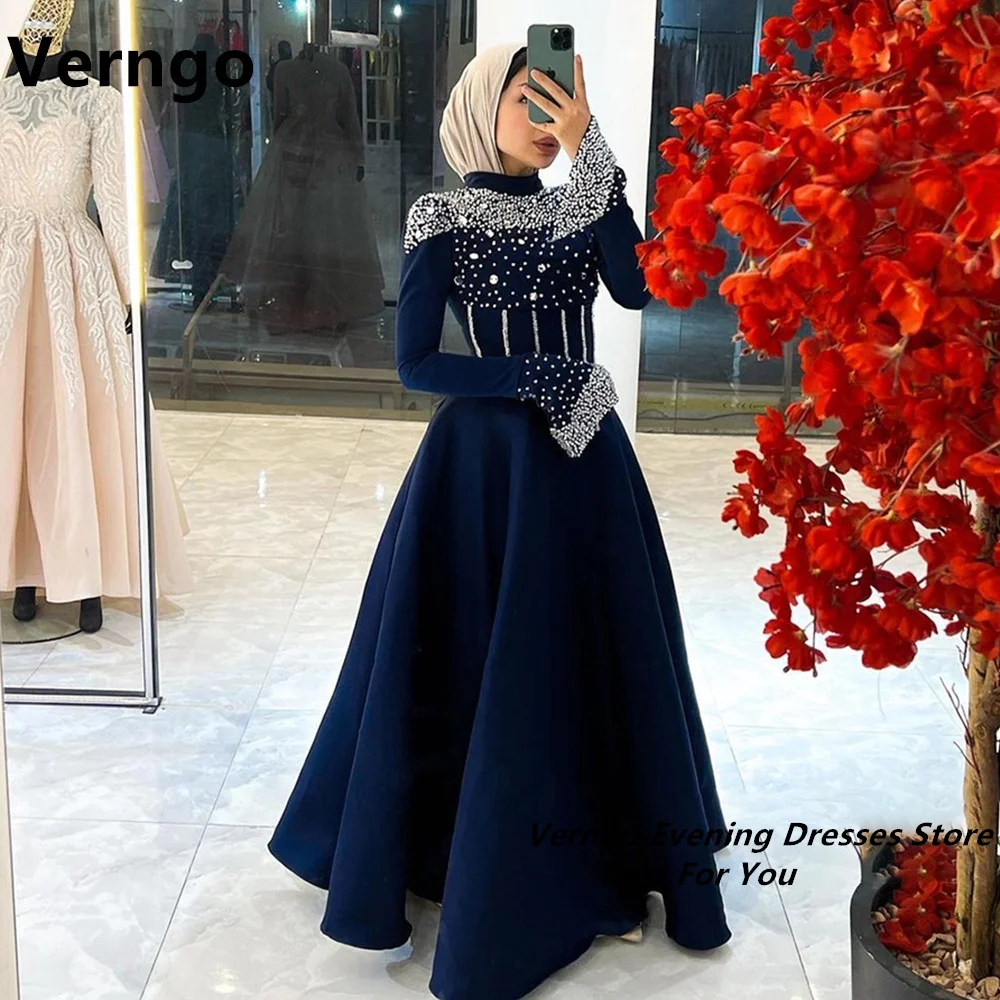 Verngo Long Sleeveless A Line Party Dress High Neck Satin Dress For Formal Occasion Saudi Arabic Long Evening Dress