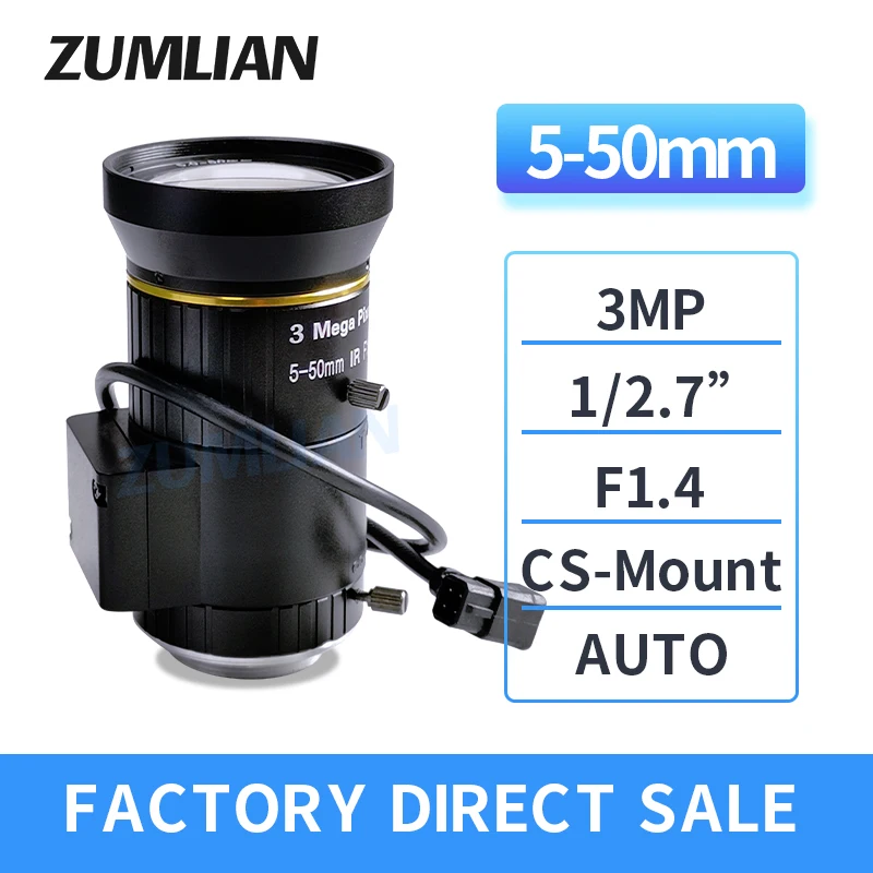 

ZUMLIAN 5-50mm CS Mount Lens 3MP CCTV DC Auto Iris IR Manual Varifocal F1.4 1/2.7 Inch for IP Surveillance Security Camera BOX