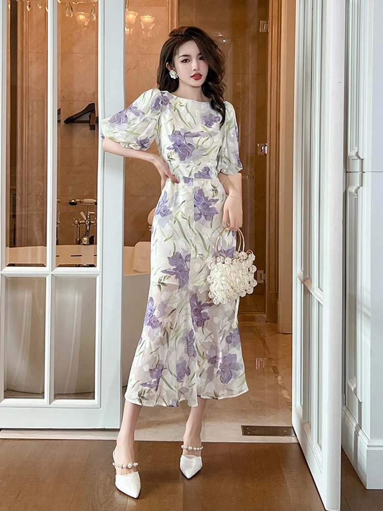 Zomer Elegant Office Vrouwen Avondjurk Print O-hals Slanke Midi Jurken Party Vakantie Straat Kleding Robe Femme Mujer Vestidos