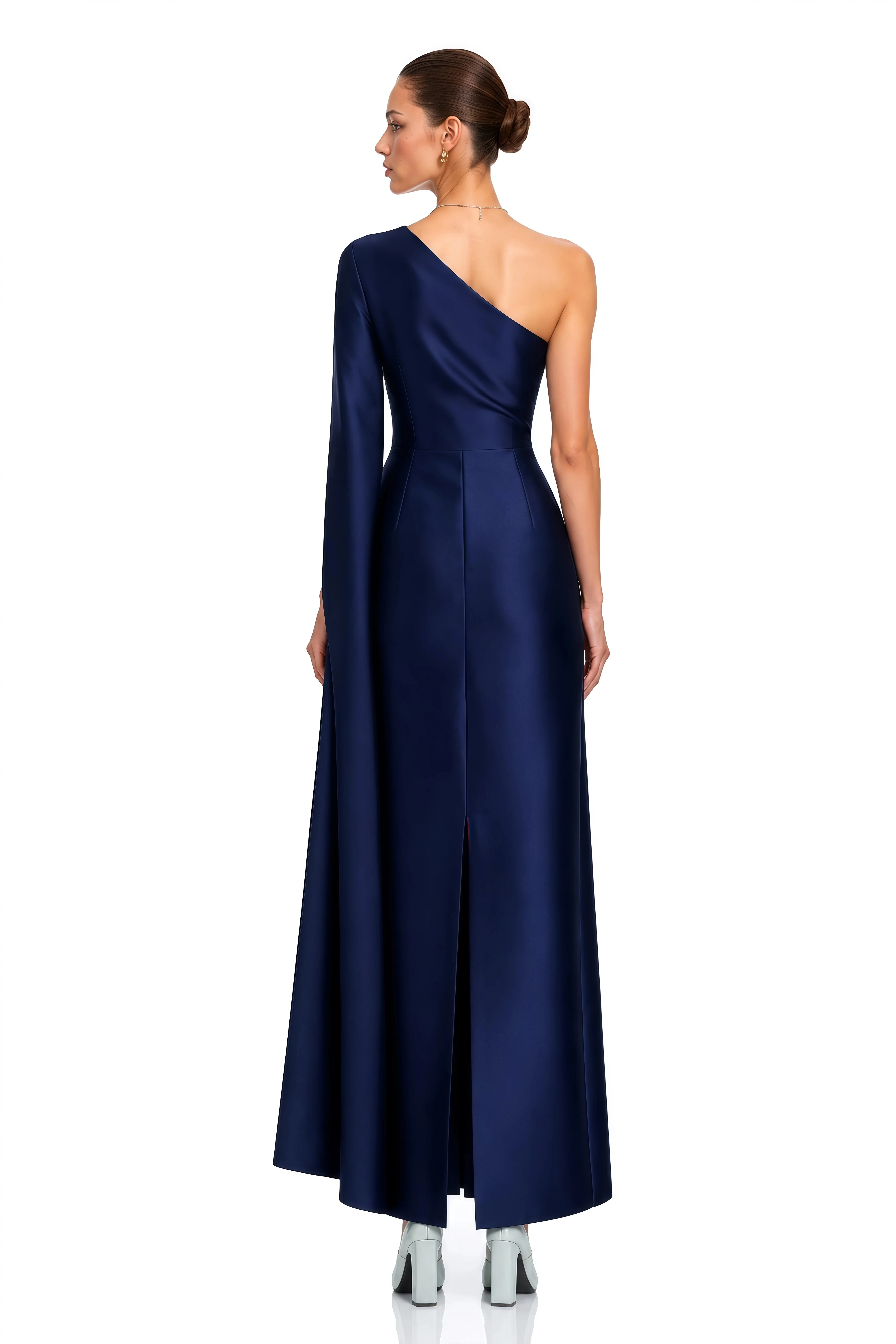 Women Elegant Satin One Shoulder Evening Gown, Flowy Cape Sleeve Draped Ruched Slim Maxi Dress for Wedding Guest Brazil Gala