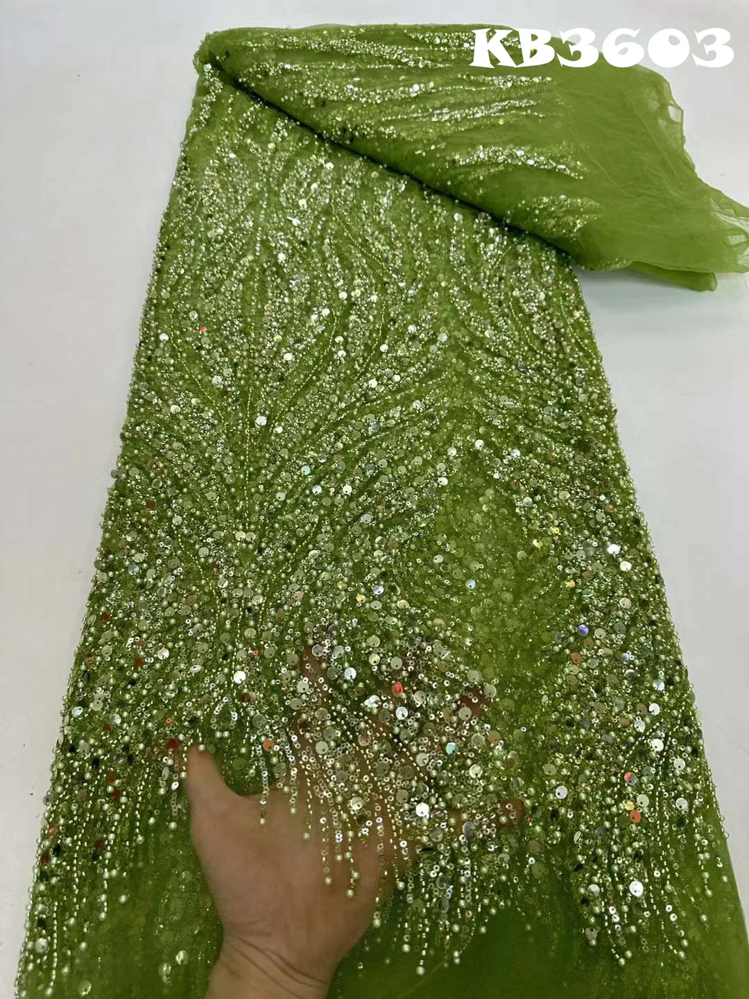 Luxury Fabric 5 Yards Gold Beads Lace Fabrics Oliver Green Beads Tulle Lace Fabric Sequins Lace For Wedding Party Dresses KB3603