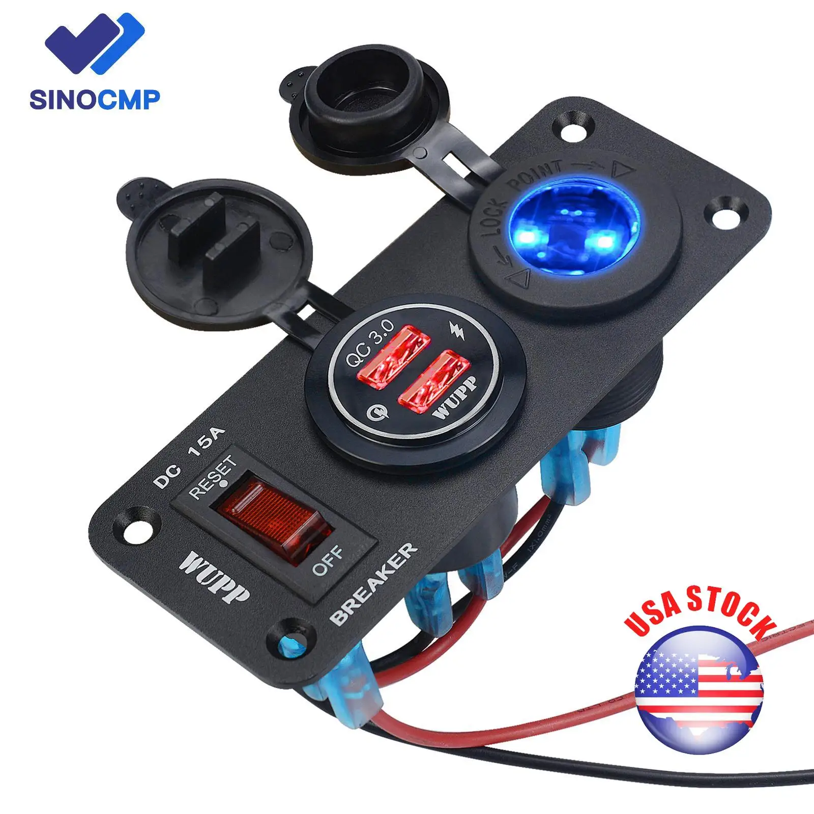 SINOCMP 12V Dual USB QC3.0 Fast Charging Car Cigarette Lighter Socket Splitter Charger Panel for Motorcycle Boat ATV RV Truck