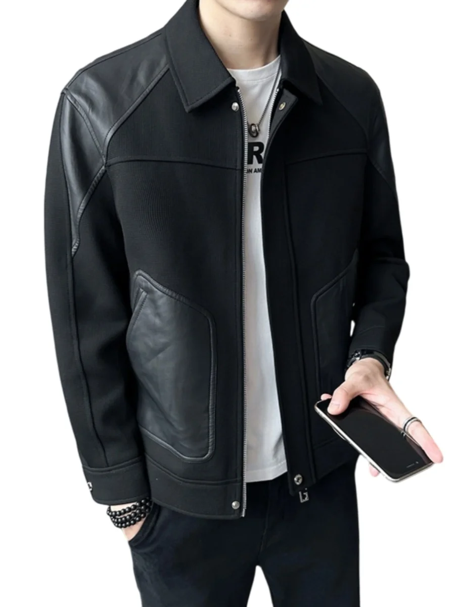 

Trendy PU Leather Patchwork Jaet Men's Bla Outerwear Autumn Winter 2024 New Sle Slim Fit Youth Faion Zipper Closure