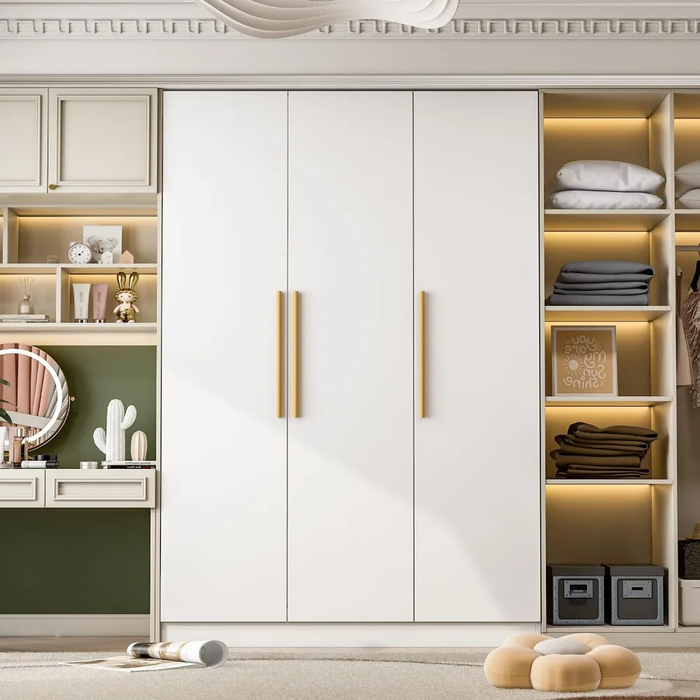 

47.2”W Wardrobe Armoire with 4-Tier Shelves, Hanging Rod and 3 Doors, Wooden Closet Storage Cabinet for Bedroom, White