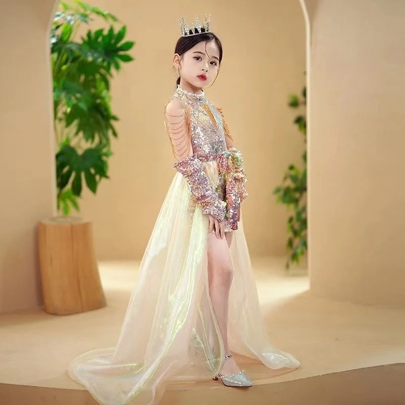 Children's Glitter Dresses Sequins Evening Dress Show Girls' Temperament Performance Princess Dress With Long Train Evening Wear