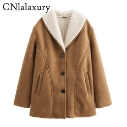 2024 Winter Jacket Women Fashion Suede Coat New Lapel Loose Long Jackets Tops Female Pockets Streetwear Woman Cardigan Top