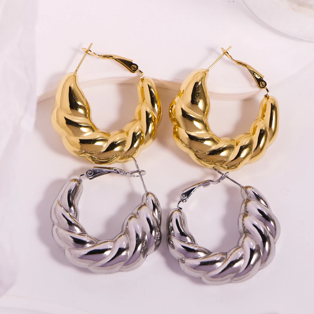 6 Pairs, 35mm Classic Gold Color Hoop Earrings for Women Punk Stainless Steel Round Chunky Circle Twist Huggie Ear Jewelry