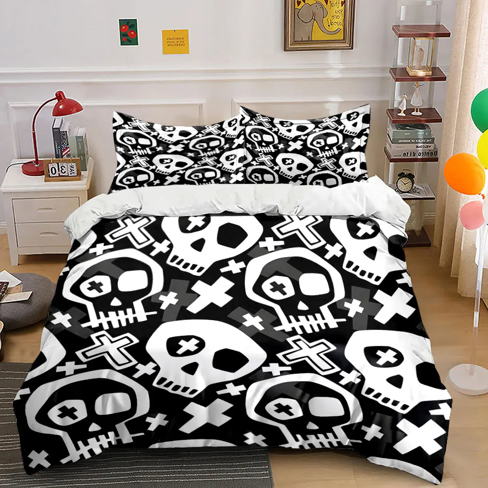 Skull Pattern with Crossed Background Printed Duvet Cover Set 1 Duvet Cover+2 Pillowcase Multi Size Bedroom Bedding Decor