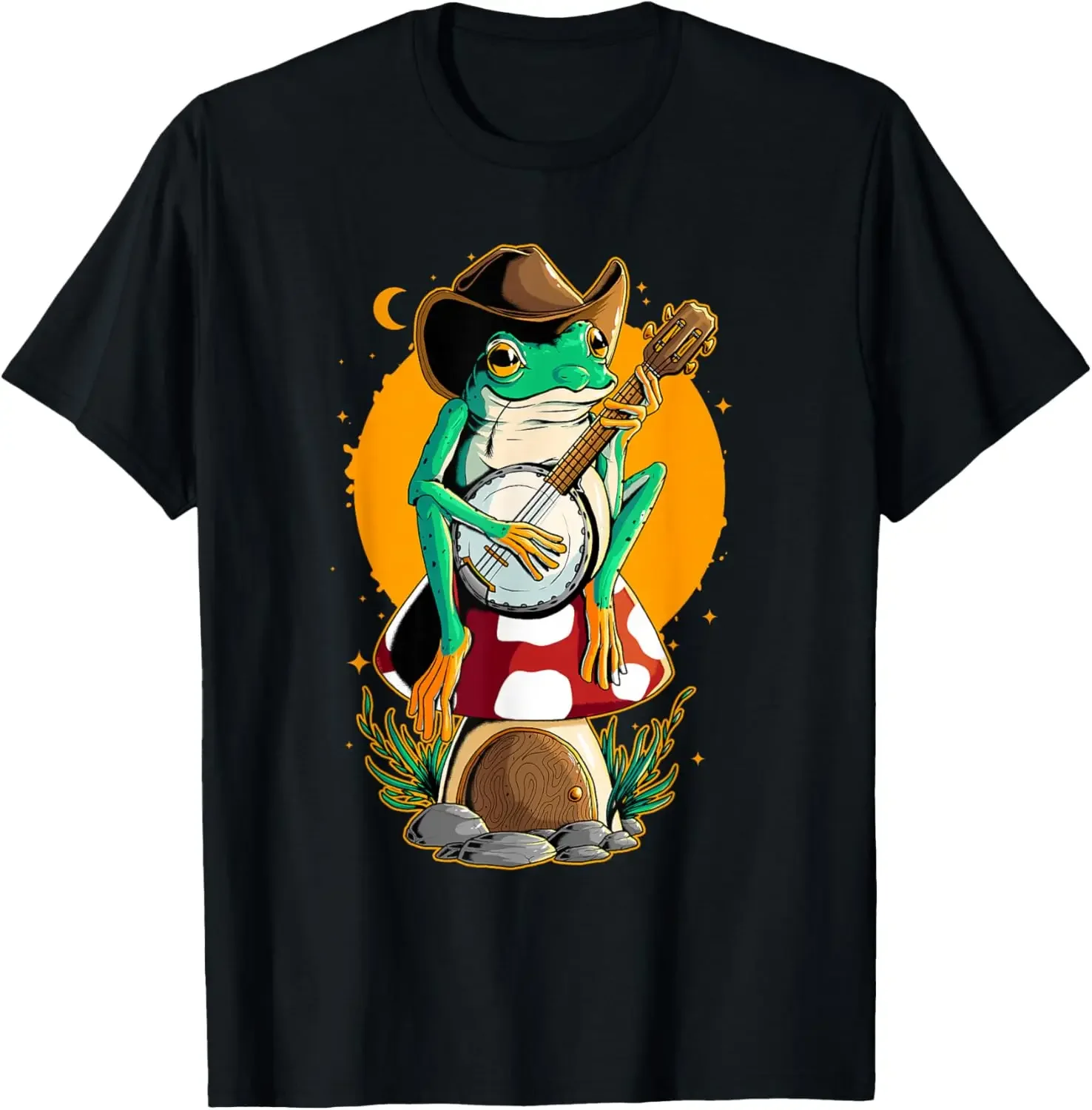 

Cowboy Frog Playing Banjo Mushroom House Graphic Cotton T-Shirt Cottagecore Aesthetic Tee