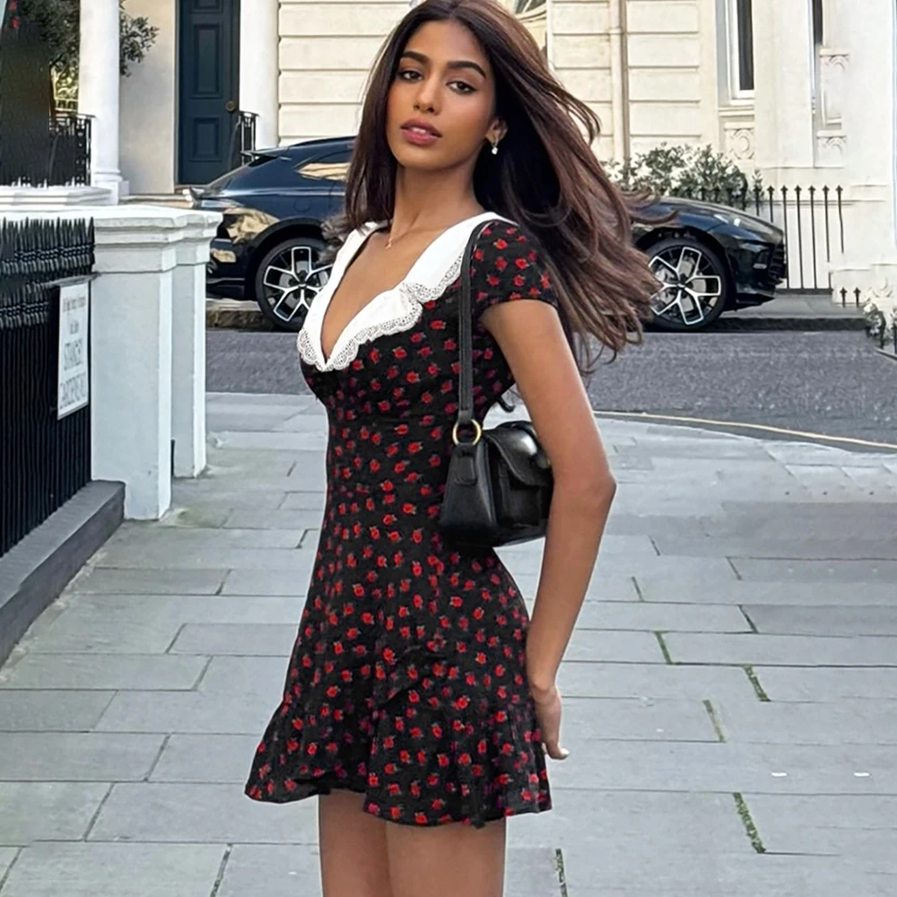 فستان قصير مطبوع عتيق من Talenza أنيق بخصر عالٍ ورقبة على شكل حرف v فستان ضيق مرقع على شكل حرف a Y2k فساتين نسائية صيفية للحفلات