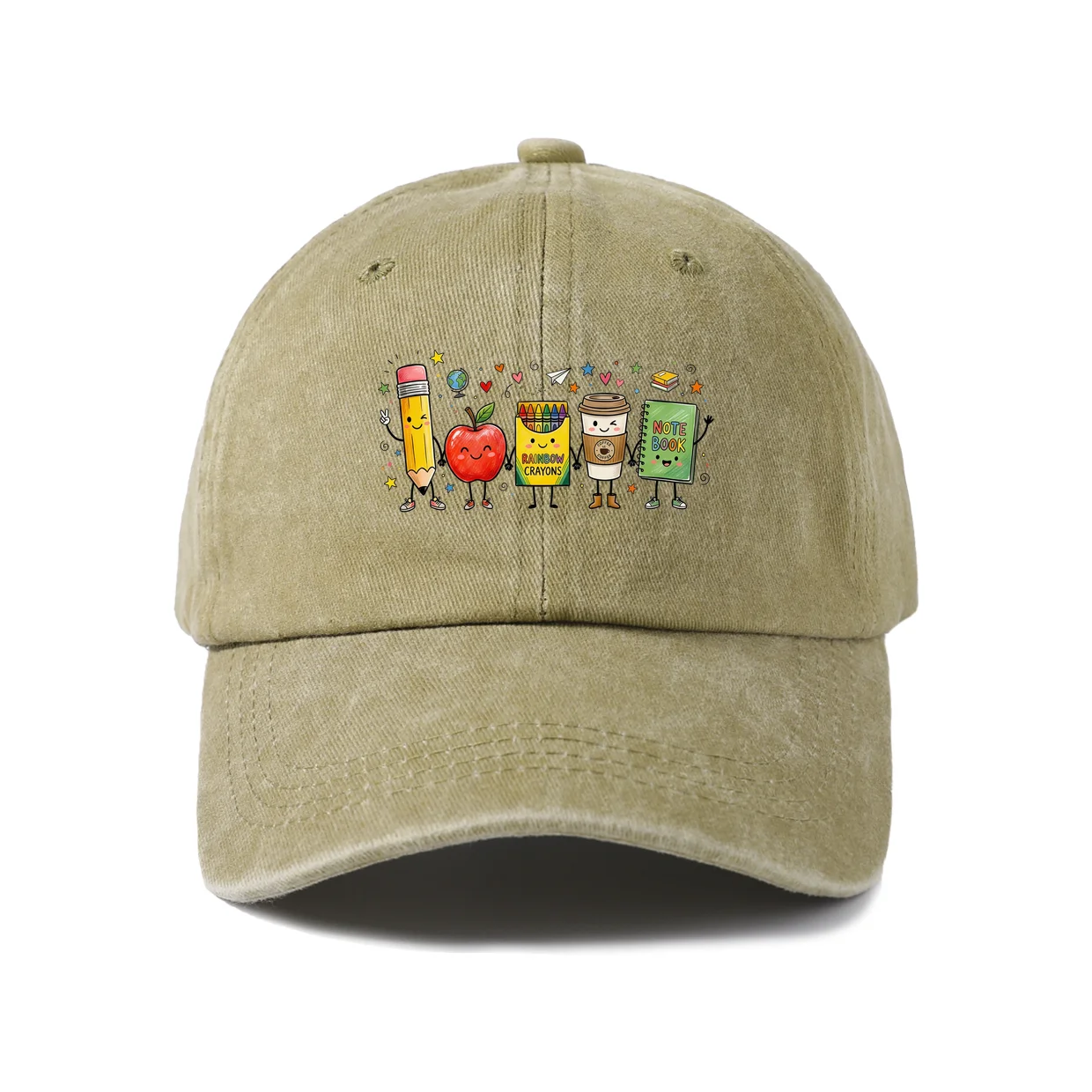 Teacher School Supplies Group Graphic Vintage Washed Baseball Cap, Adjustable Unisex Dad Hat for Men and Women
