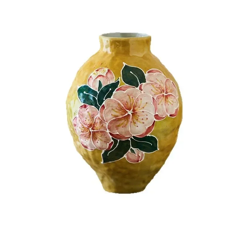 Peach blossom hand-painted ceramic vase, Jingdezhen Chinese living room entrance flower arrangement, hydroponic flower vase