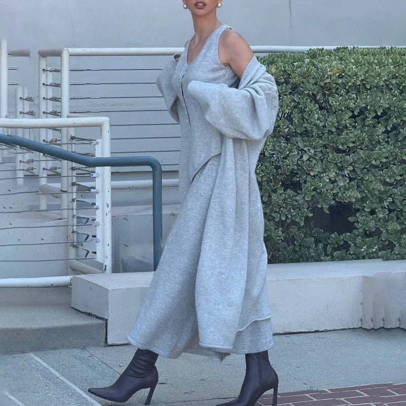 Autumn and Winter New  Temperament  Lazy Knitted Three-piece Loose  Medium and Long Cardigan  Sleeveless Vest  A-shaped Skirt
