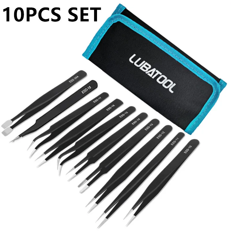 ชุดแหนบ 10 ชิ้น พร้อมกระเป๋า แหนบสแตนเลสป้องกันไฟฟ้าสถิตย์ สำหรับงานซ่อมโทรศัพท์มือถือ อุปกรณ์อิเล็กทรอนิกส์ และงานช่าง