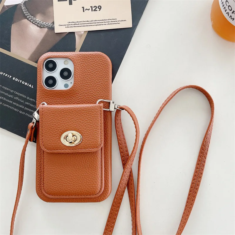 

Lychee Pattern Is Suitable for iPhone 15 Phone Case 14 Promax Lock Clip Bag 13 12mini 11pro Diagonal Span Xr 8p Protection Cover