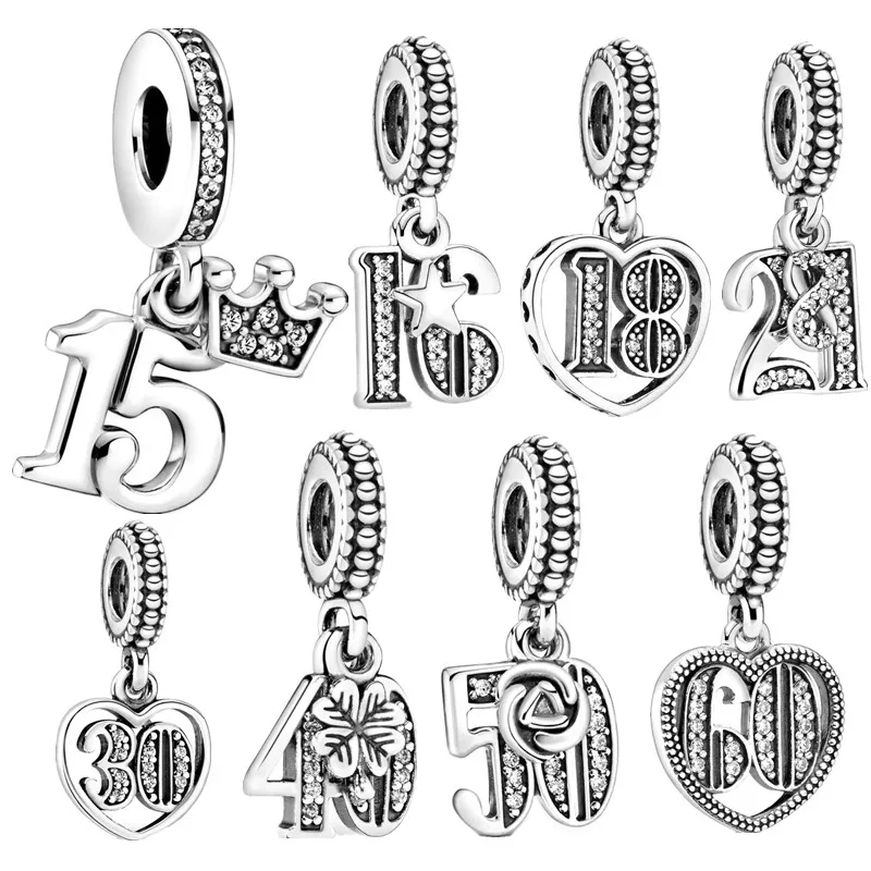 Fit Original Pandora Silver 925 Bracelet Necklace 15th 16th 18th 21st 40th 50th 60th Birthday Dangle Charm Bead DIY Jewelry Gift