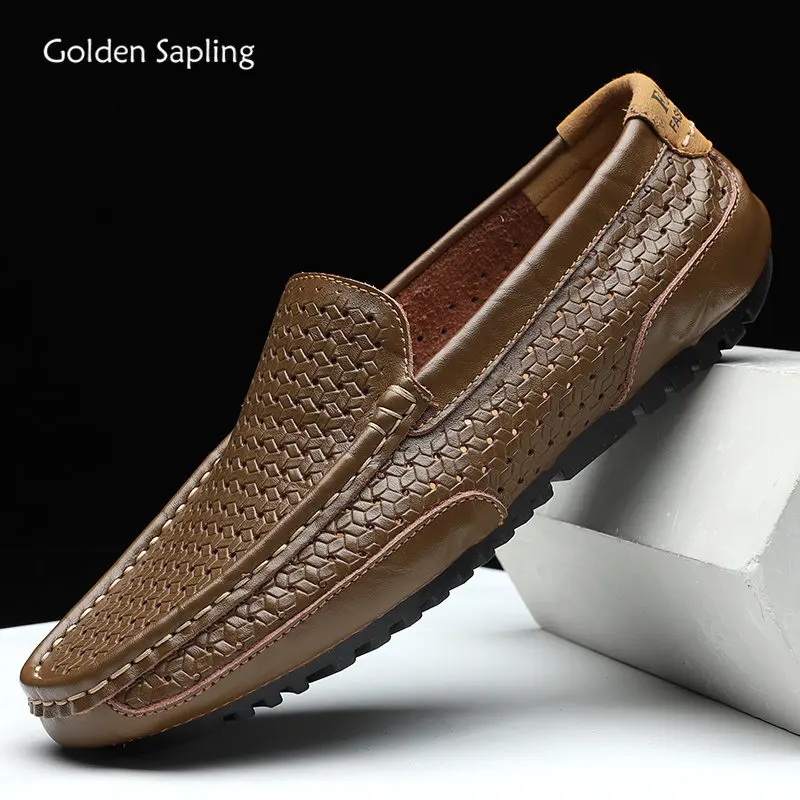 

Golden Sapling Loafers Summer Man Party Shoe Genuine Leather Men's Casual Shoes Plaid Design Moccasins Leisure Dress Male Flats