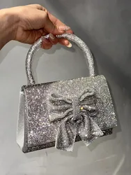 Borsa quadrata di lusso con nodo a fiocco Borsa da sera con diamanti con strass lucidi glitterati Borsa da donna Borsa a tracolla con pochette per festa di nozze