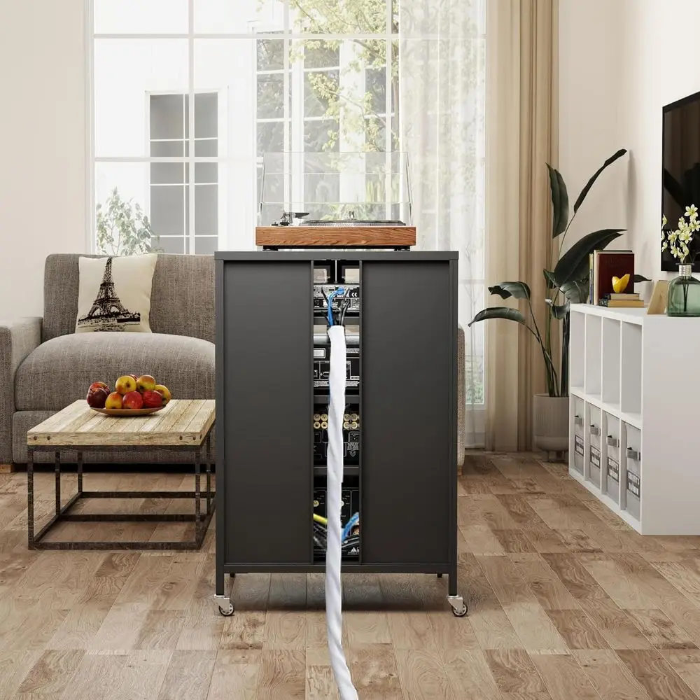 Stereo Cabinet, Metal Media Storage Cabinet with Glass Do, Audio-Video Media Stand with 4 Adjustable Shelves, AV Stand or Meetin
