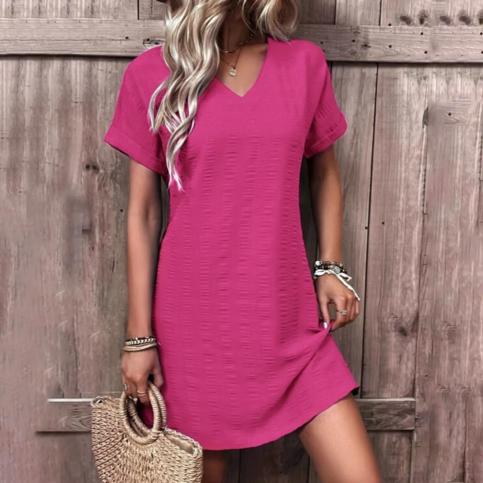 

2024 Women's Casual Summer Dress V Neck Fashionable Short Sleeve Mini Dress Ladies Solid Color A-Line Dresses Female Clothing