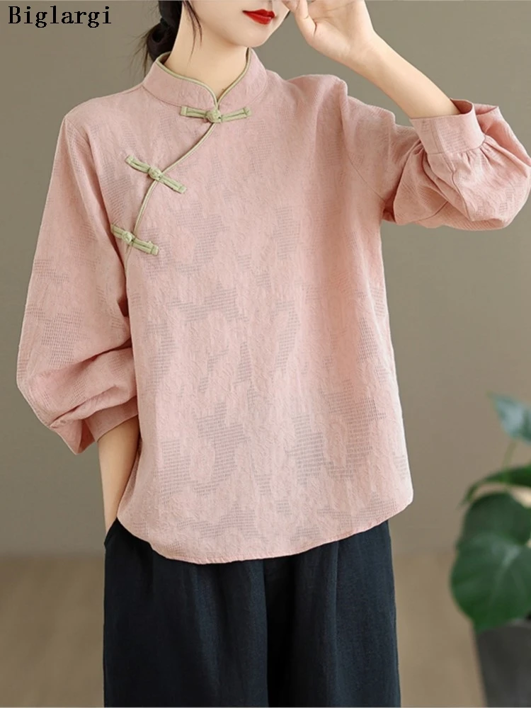 

Большие розовые осенние футболки в китайском стиле, женские свободные модные плиссированные женские блузки, женские футболки с длинными рукавами и фонариками