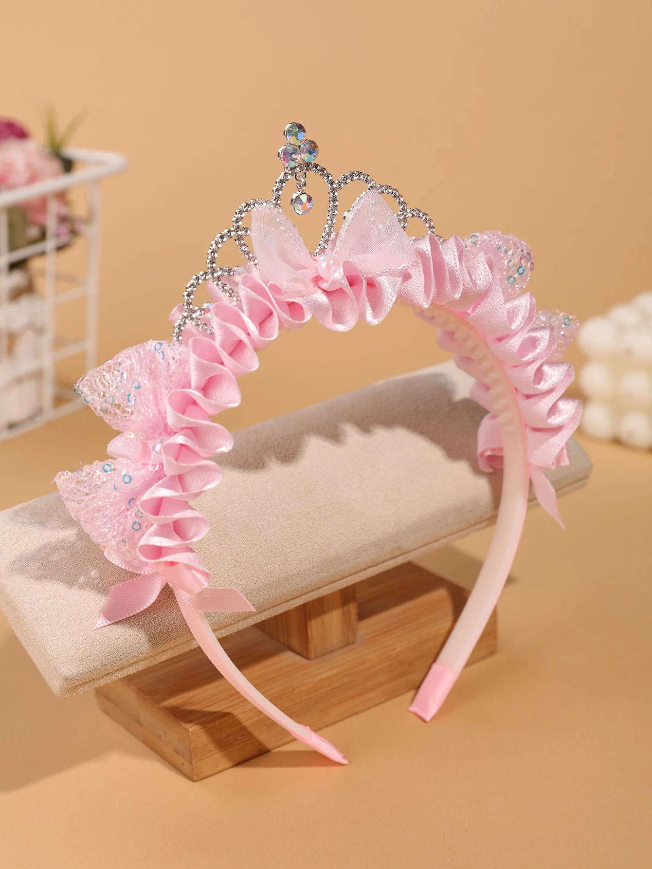 Kinder-Haarreif mit rosa Prinzessinnenkrone – Haarreif mit Pailletten-Katzenohren und Schleife für kleine Mädchen – Kopfschmuck für Geburtstagsfeiern und Aufführungen – Detail 4
