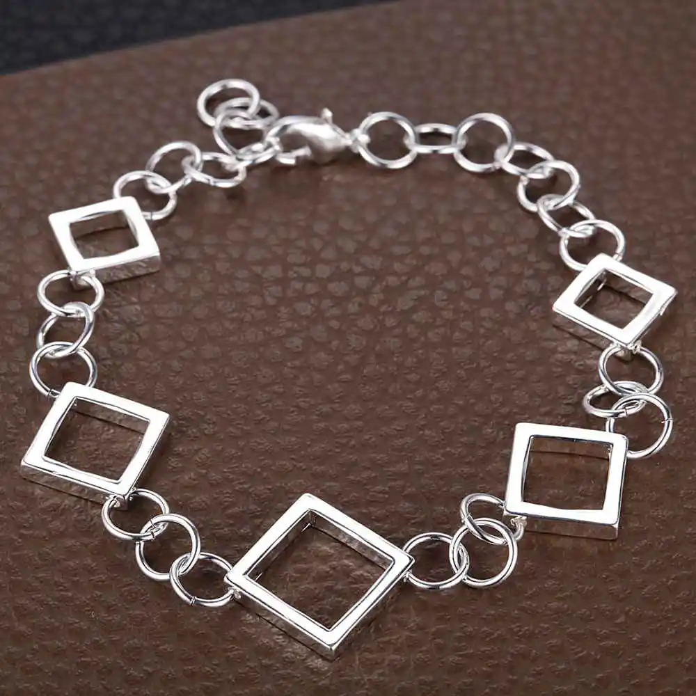 

New 925 Sterling Silver Bracelets Square for Women Men Wedding Jewelry Engagement Charm Simple Classic Party Fashion Gift