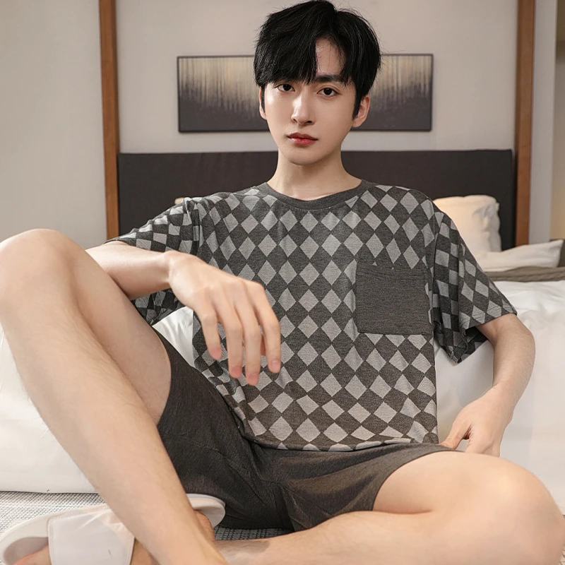 

Summer Men's Sleep Lounge Wear Pajama Short Sleeved Shorts Modal Pajama Set Geometric Pattern Pyjamas Male Sleepwear L-XXXL