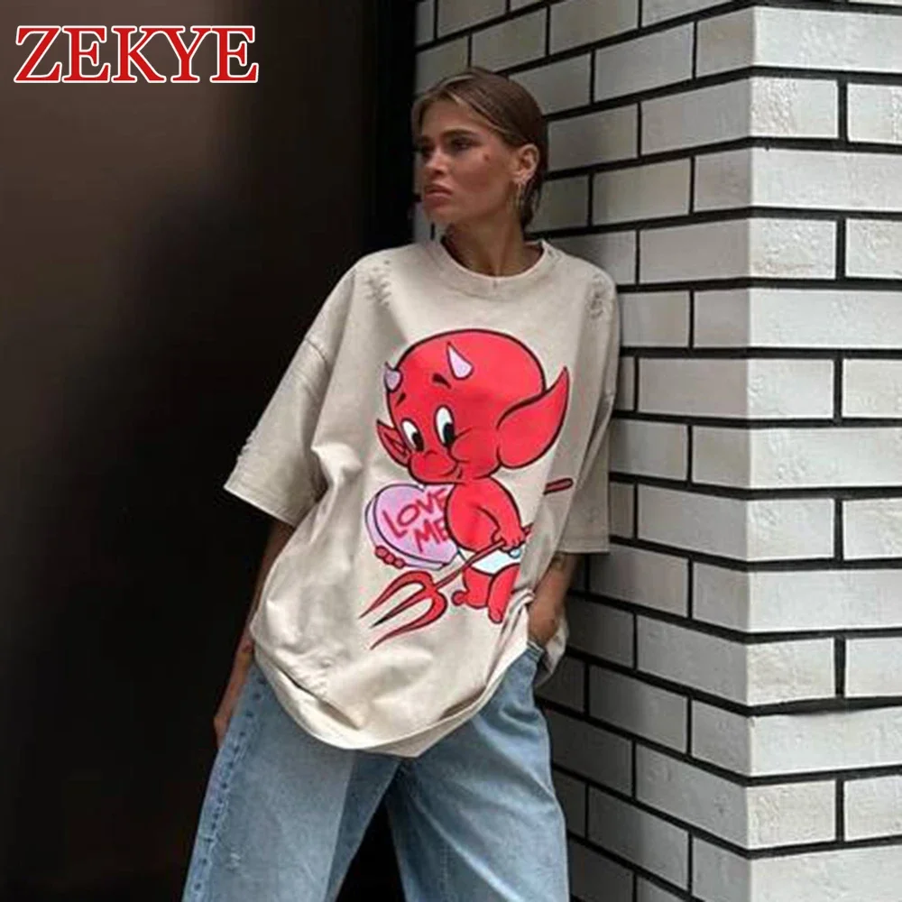 Zekye Demon Printed Retro Khaki Tshirt Oversized Ripped Distressed Fashion Basic Summer T Shirt Women Graphic Aesthetic Basic