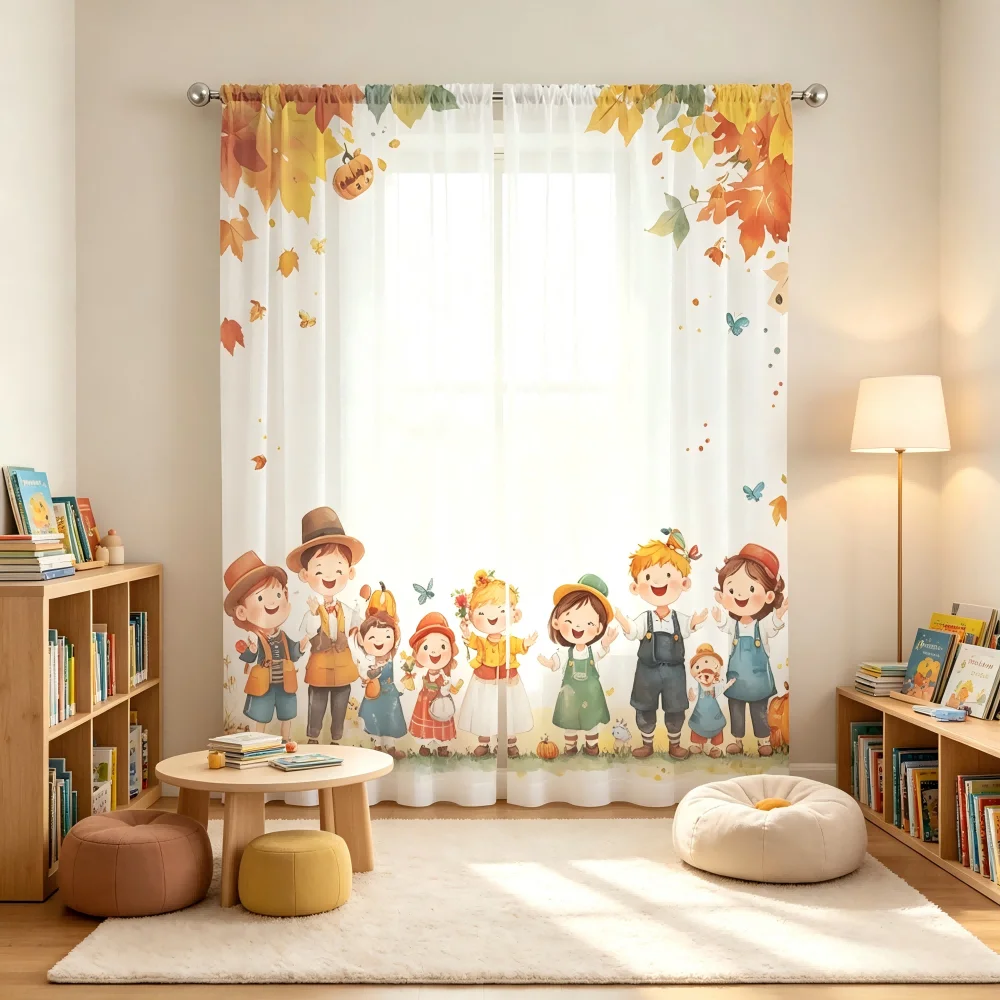 2PCS Digital Print Sheer Curtain, Harvest Buddy Friend, Autumn Thanksgiving Fall - Voile Drapes for Bedroom Living Room Decor
