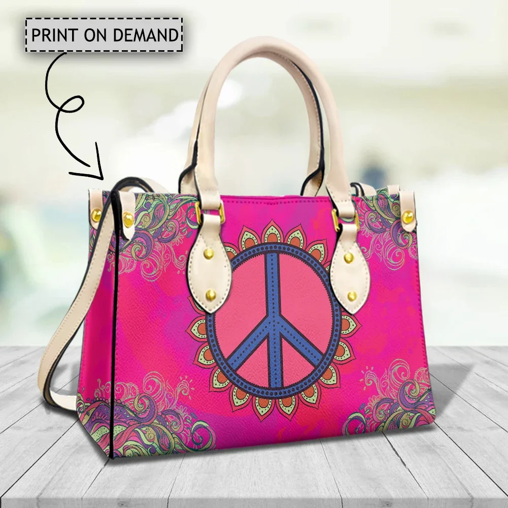 Sacs à main en cuir PU Peace and Love Print pour femmes, grand fourre-tout, sacs à main de luxe, créateur de marque, poudres à poignée supérieure, initié