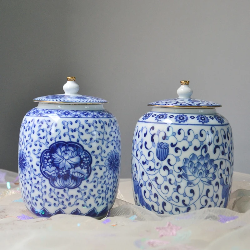 

Blue and White Porcelain Storage Jar Candy Tea Flower Arrangement Ceramic Vase Household Sealed