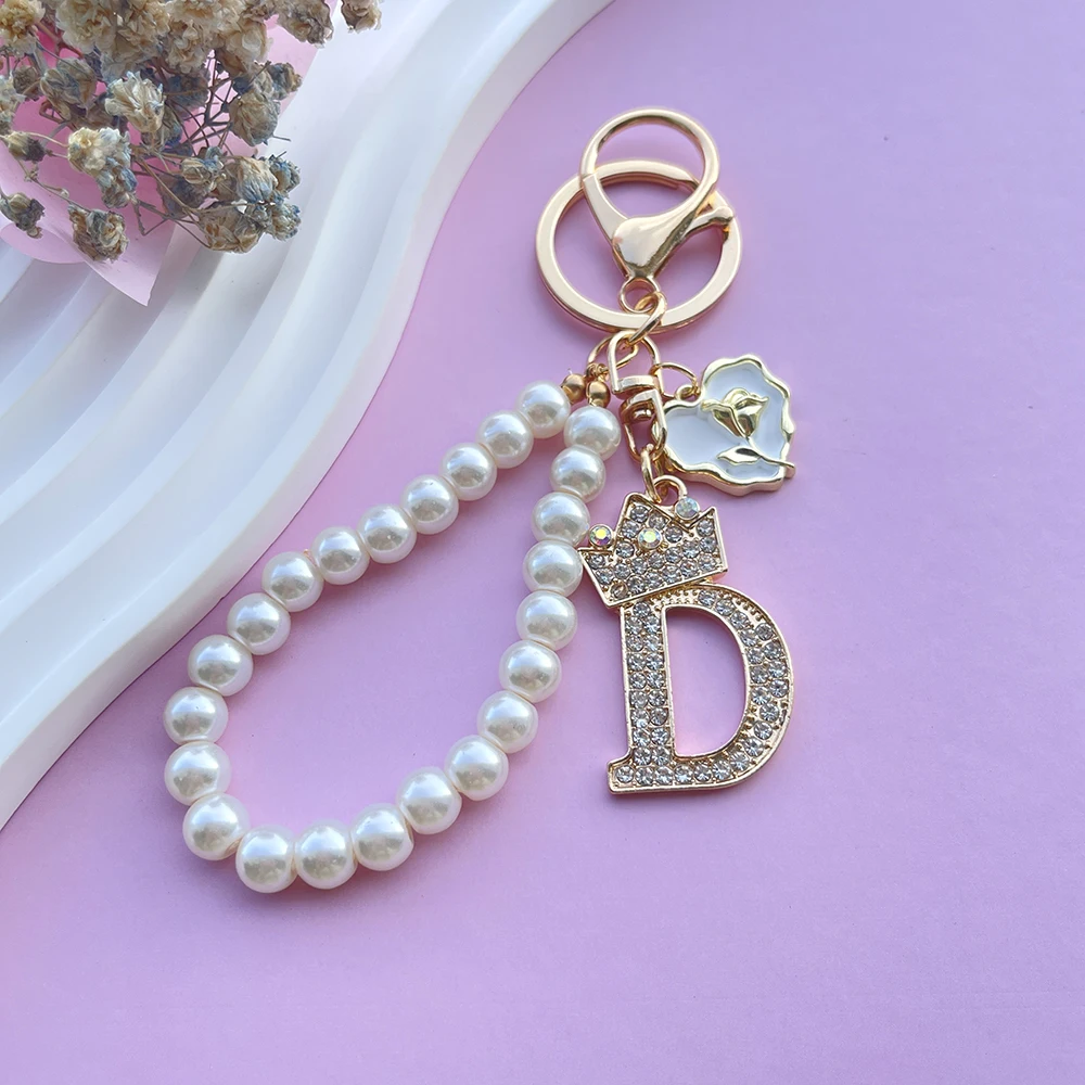 Luxury Crown A-Z 26 Letters Roses Metal Keyring Crystal Initial Faux Pearl Resin Beaded Keychain Bag Pendant Women Birthday Gift